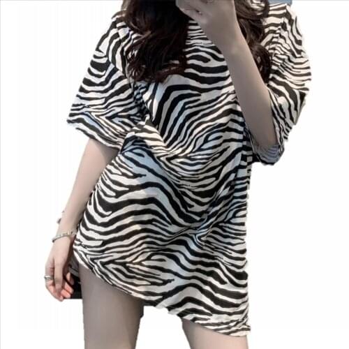 Summer Oversize T shirt Women Zebra Stipes Print O-Neck Short Sleeve Basic Long T-shirt Loose Streetwear T-shirts Tee Tops