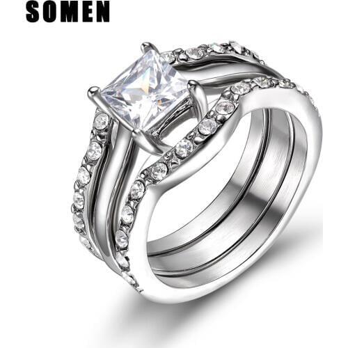 Clear Cubic Zirconia Stainless Steel Ring Set Women Wedding Band Engagement Rings Fashion Bridal Jewelry alliance anel alianza
