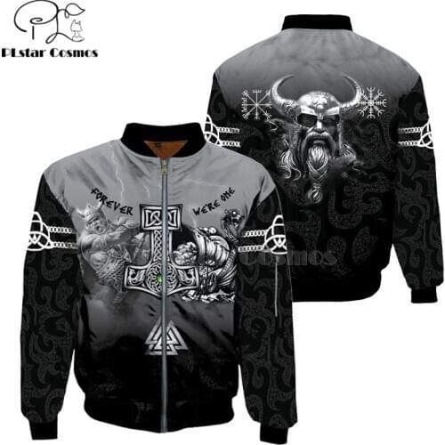 2019 Fashion Mens Viking tattoo bomber jackets Tattoo pattern Funny Printed 3d Zip Long Sleeve Pullover Unisex Zipper jacket