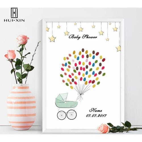 Cute Baby Blue Carring Print Free Personalized Name Date Fingerprint DIY Guest Book For Kids Baptism First Holy Communion Decor