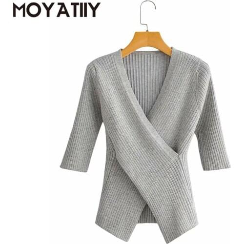 MOYATIIY Fashion 2021 Women Sweaters Sex Slim Cross Design Solid Color Pullovers V-Neck Office Lady Half Sleeve Female Tops