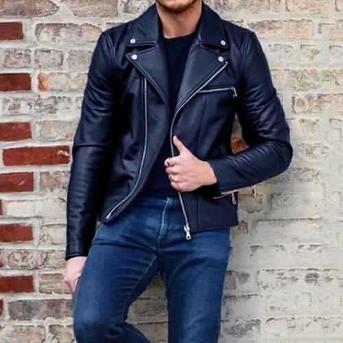 Jacket Fashion Mens Leather Motorcycle Jacket PU Lapel Jacket Casual Zip Cardigan Long Sleeve Jacket