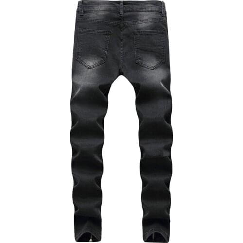 Wholesale 2020 Fashion Washing Casual Dark grey Distressed Ripped hole Pleated snow motorcycle biker Zipper leg Skinny jeans men