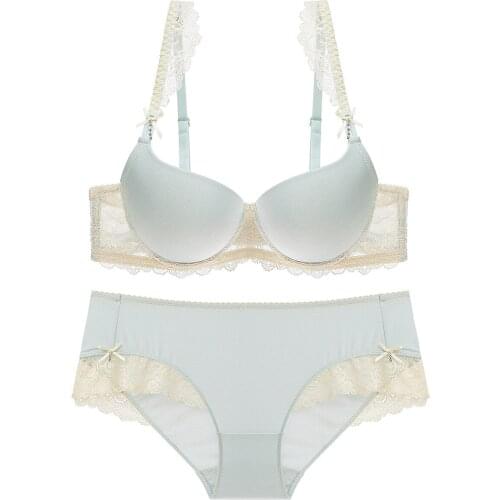 New Girls Gathered Lace Smooth Bra Set with Ruffle Side Women Elegant Lenceria Sexy Underwear Bralette with Panties