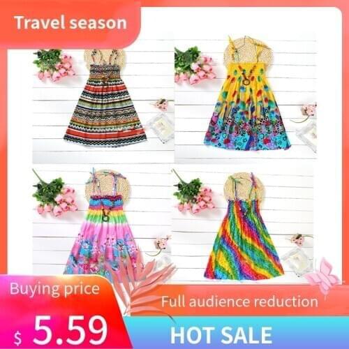 2020 Teenage Girls Dresses Bohemia Summer Beach Flower Bohemia Sling Dress With Necklace For Baby Girls 3-12Y Children Clothing