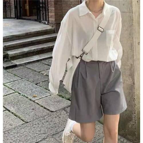 Casual Shorts Women Summer 2021 Korean Style Vintage High Waist Wide Leg Pants Solid Color Black Grey Plus Size 4XL B377