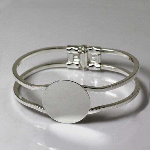 Rhodium tone Plated Brass Metal Blank Cuff Bangle Base with Flat Circle Glue Pad Spring Bracelet Bangle Settings Findings DIY