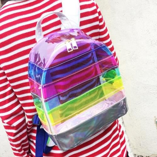 Fashion Womens Backpack Transparent Waterproof PVC Clear Rainbow Stripes Daily Backpack Mini Teenager Notebook School Bag