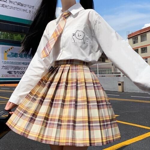 Japanese College JK Uniform Long-Sleeve Blouse White Shirt Top Plaid Pleated Skirt Suit school girl uniform womens clothing
