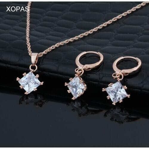 XOPAS New Cubic Zircon Square Pendant Necklace And Earring Jewelry Sets For Women Classic Earrings Drop Shipping