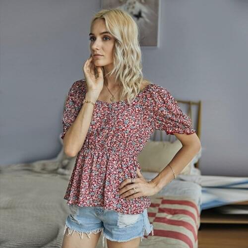 Women Puff Sleeve Floral Print Chiffon Blouse Shirt Summer Bohemian Beach Blusa Feminina Flower Ruffle Peplum Short Tops