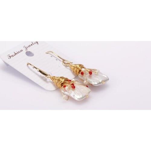 Baroque square natural freshwater pearl bead copper wire wrapped glass red & white beaded charm gold dangle women earring 2020