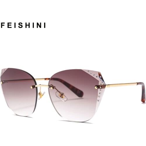 FEISHINI Fashion Lady Sun glasses Rimless Luxury Women Sunglasses Vintage Classic Artificial diamond Decoration Brand Designer