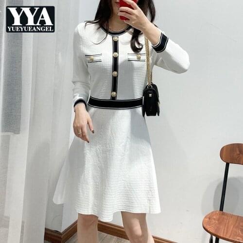 Autumn 2021 New Womens France Style Elegant Casual Long Sleeve Dress Vintage Office Lady Concise O-Neck Spliced Fashion Dress