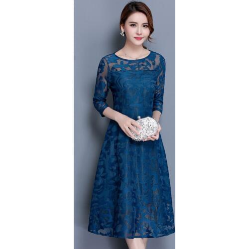 2021 Autumn Lace Dress Work Casual Slim Fashion O-neck Sexy Hollow Out Blue Red Dresses Women A-line Vintage Vestidos