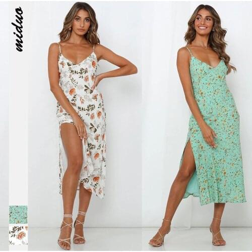 2021 summer new Avocado Green Dress digital print sexy V-neck sling side split dress womens strap back skirt bow