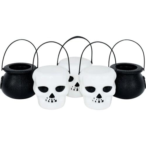 6pcs/lot Halloween Skull Cauldron Black/White Candy Bucket Witch Cauldron Trick or Treat Halloween Party Decoration Cosplay Prop