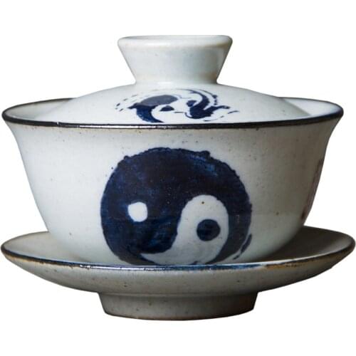 Antique Gaiwan Jingdezhen coarse ceramic three-handed cover bowl hand-painted teacup retro tea bowl nostalgic tea maker