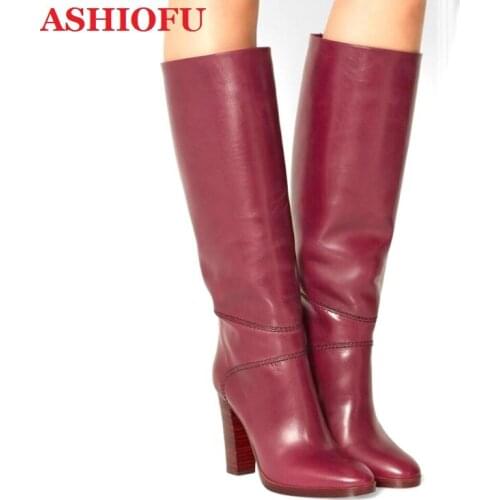 ASHIOFU Knee-high length Womens High Heel Boots Comfortable Thick Heels Autumn&Winter Boots Fashion Evening knight Boots Shoes
