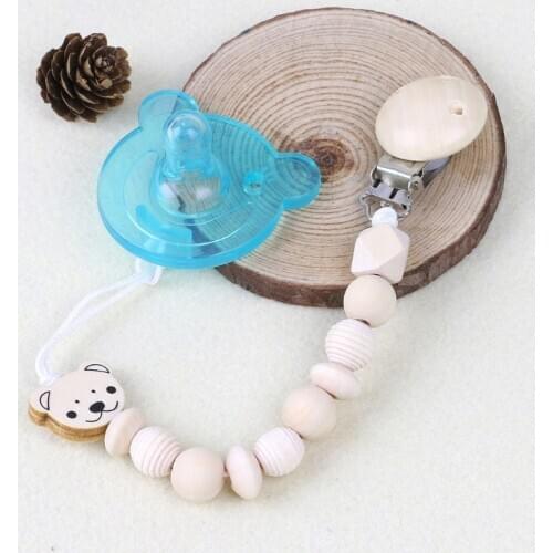 BabyPacifier Chain Wooden Dummy Chain Wood Pacifier Clip Bear Head Bead Dummy Clip Infant Teether Toy