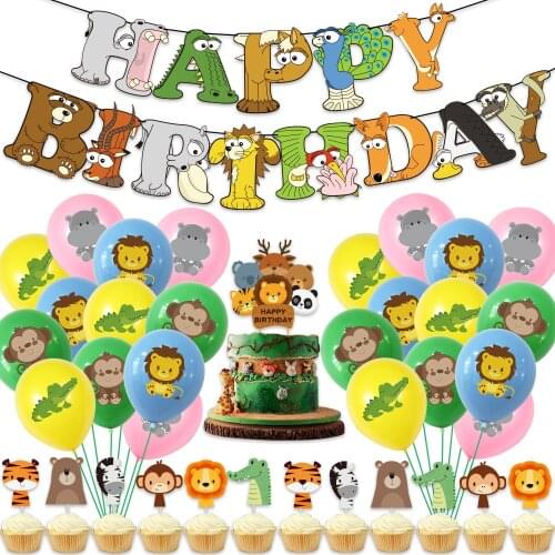 Jungle Safari Animals Happy Birthday Banner Monkey Lion Crocodile Balllonns Animal Cake Toppers for Birthday Party Decorations