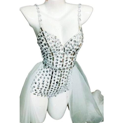 White Rhinestones Backless Bodysuit Women Mesh Gauze Accessories Suspender Bodycon Ladies Dance Costume Nightclub Costumes
