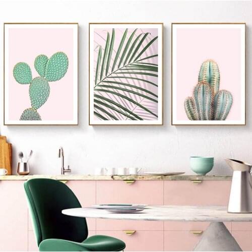 Scandinavian Style Plants Cactus Poster Pink Simple Style Palm Leaf Decor Picture Wall Art Painting for Living Room Modern Decor