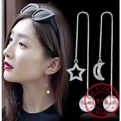 Newest 925 Sterling Silver Tassels Earrings Crystal Zirconia Moon Star Pearl Long Drop Earrings pendientes S-E253
