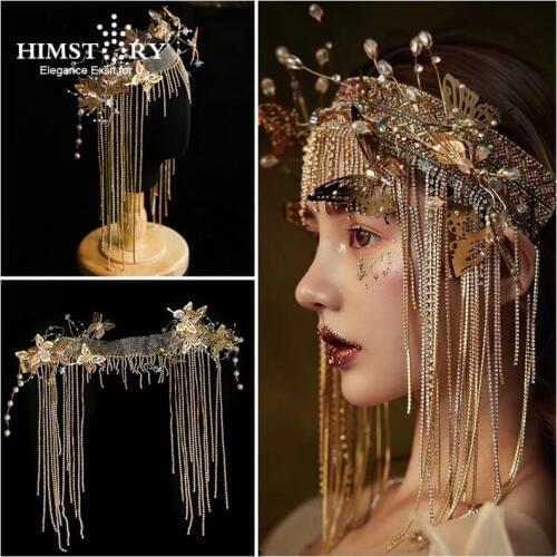 Himstory Retro Handmade Gold Butterfly with Long Tassel Brides Headbands Hairbands Wedding Hair Accessories Festival Head dress