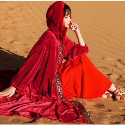 Jastie Women Long Cape Cloak Hooded Cloak Velvet Coat Long Sleeve Autumn Winter Cardigan Thickened Warm Bohemian Beach Tops