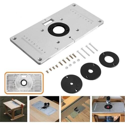 Multifunctional Aluminum Router Table Plate w/ 4 Router Insert Rings Screws for Woodwork Benches Wood Hand Tools