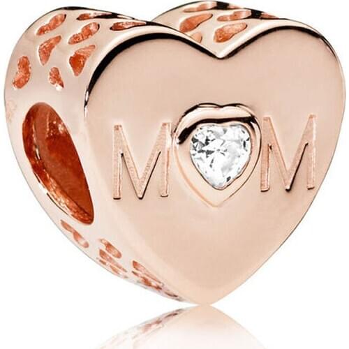 Original Rose Openwork Mother Heart With Crystal Beads Fit 925 Sterling Silver Bead Charm Bracelet Bangle DIY Jewelry