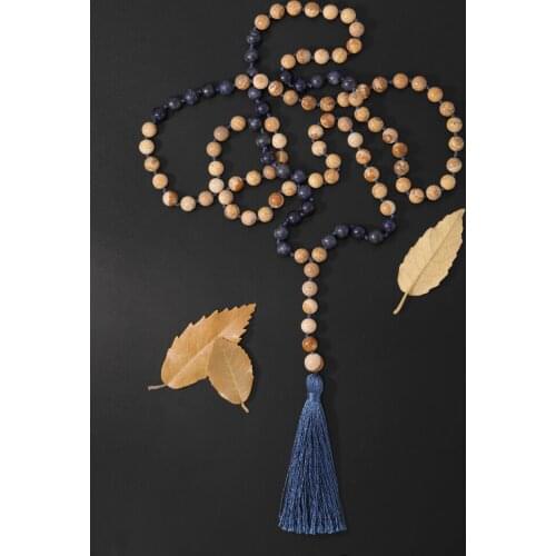 OAIITE Natural Picture Jasper Lapis Beads Necklaces Knotted Chain Necklace With Tassel For Femme Male Prayer Meditation Jewelry