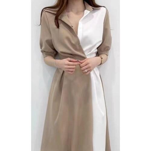 2021 Summer Dress Fashion Midi Long Dresses A-line Korea Chic Contrast Stitching Button Up Waist Short Sleeve Dress New 15185