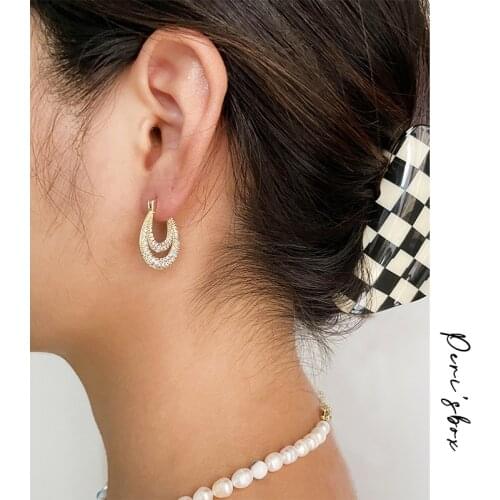 PerisBox Luxury Sparkly Pave Zirconia Double Row Huggie Earrings For Women Trendy Full CZ Stones Brass Oval Hoop Earring