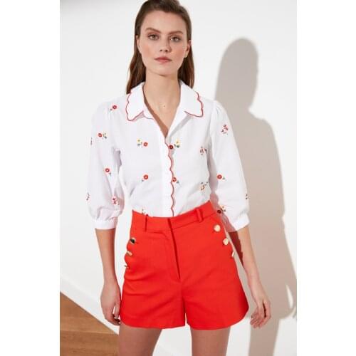 Raw white Flowers Embroidered Shirt, Cotton, Red Striped, Special Design, Collar, Modern, Button, daily