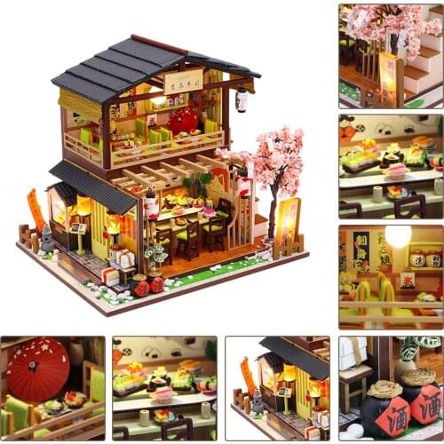 DIY Japanese Style Hut Innovative Sushi Restaurant Birthday Gifts Puzzle Toy Handmade Doll House With Dust Cover And Glue