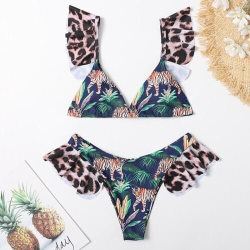 Sexy Triangle Ruffle Shoulder Bikinis Women Ruffled Swimwear Push Up Bikini Set Falbala Bathing Suit Triangle Female Biquini