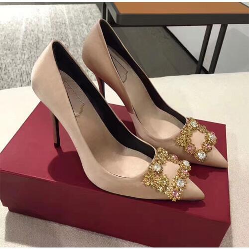 Sexy Pointy Toe Silk Champagne Pumps Women Shoes 10CM High Heels Stiletto Glitter Crystals Mosaic Bridal Party Wedding Shoes