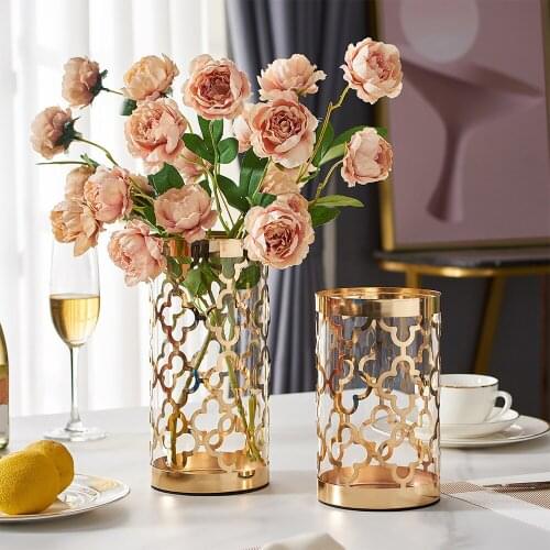 Modern Home Decor Metal Glass Vase Golden Vase Table Decoration Living Room Glass Vases for Flower Arrangements Gift Terrarium