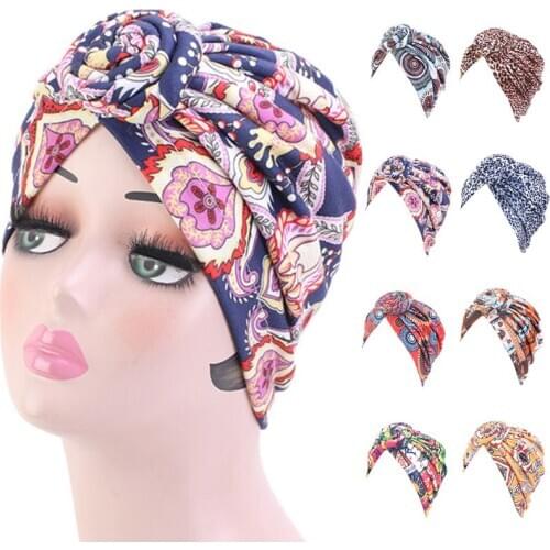 Women African Turban Hat Spiral Knot Flower Pre-Tied Headwrap Paisley Leopard Print Stretch Muslim Beanie Bonnet Cap
