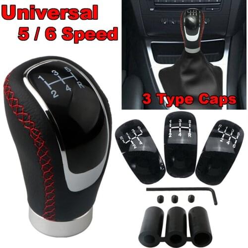 Universal Fit 5/6 Speed 3 Caps Car Auto Black PU Leather Red Stitch Gear Shift Shifter Lever Manual Knob Stick Replacement Kit