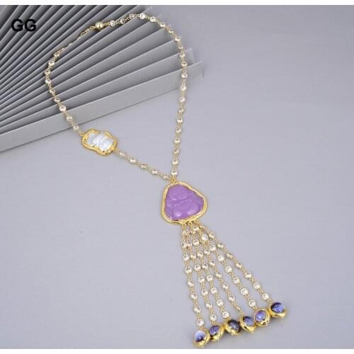 GuaiGuai Jewelry Natural White Keshi Pearl Gold Colored Glaze Glass Purple Jades Buddha Pendant CZ Chain Necklace 21'' For Women