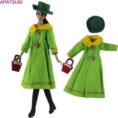 Green Fashion Doll Clothes For Barbie Dollhouse Long Coat & Handbag Hat 1/6 Doll Accessories For Barbie Doll Outfits Kids Toys