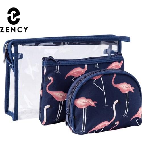 Zency Flamingo Prints Lady Cosmetic Storage Bag Set PVC Waterproof Transparent Makeup Bags Three-piece Travel Wash Bag Pink