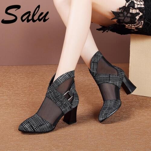 Salu Women Hollow Out Summer Cool Mesh Ankle Boots Female Chunky Heels Lady Girls Fashion Boots Shoes Woman Size 4142