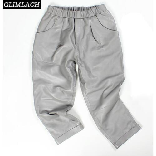 2019 Spring Leather Pants Women Harem Elastic Waist Pants Streetwear Vintage Women Trousers Casual Sexy Genuine Leather Pants