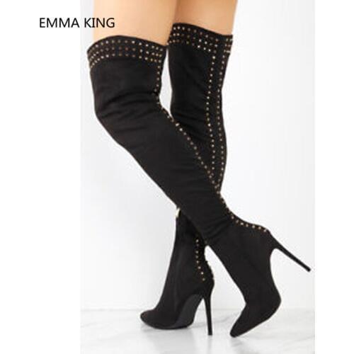 Gold Rivets Studded Over The Knee Winter Boots Women Pointed Toe Luxury Designer Shoes Sexy High Heels Women Long Knight Boots