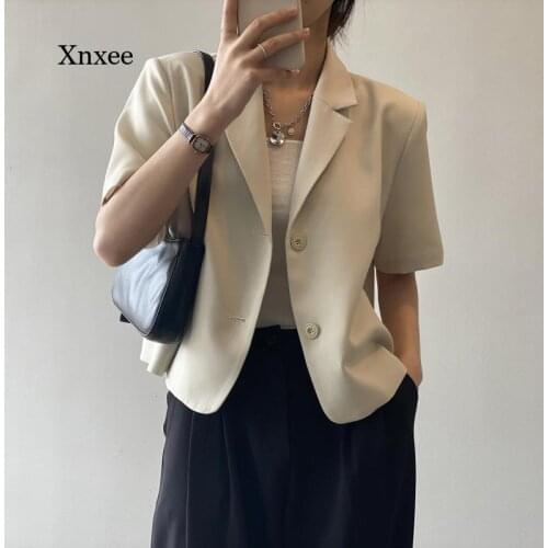 Summer Elegant Short Sleeve Blazer for Women 2021 Solid New Vintage Loose Short Jacket Fashion Slim Crop Coat Outerwear Clothing