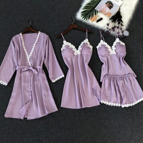 Bride Bridesmaid Bathrobe Set 4PCS Wedding Robe Suit Women Sexy Lace Trim Casual V-neck Long Sleeve Kimono Bath Gown Negligee